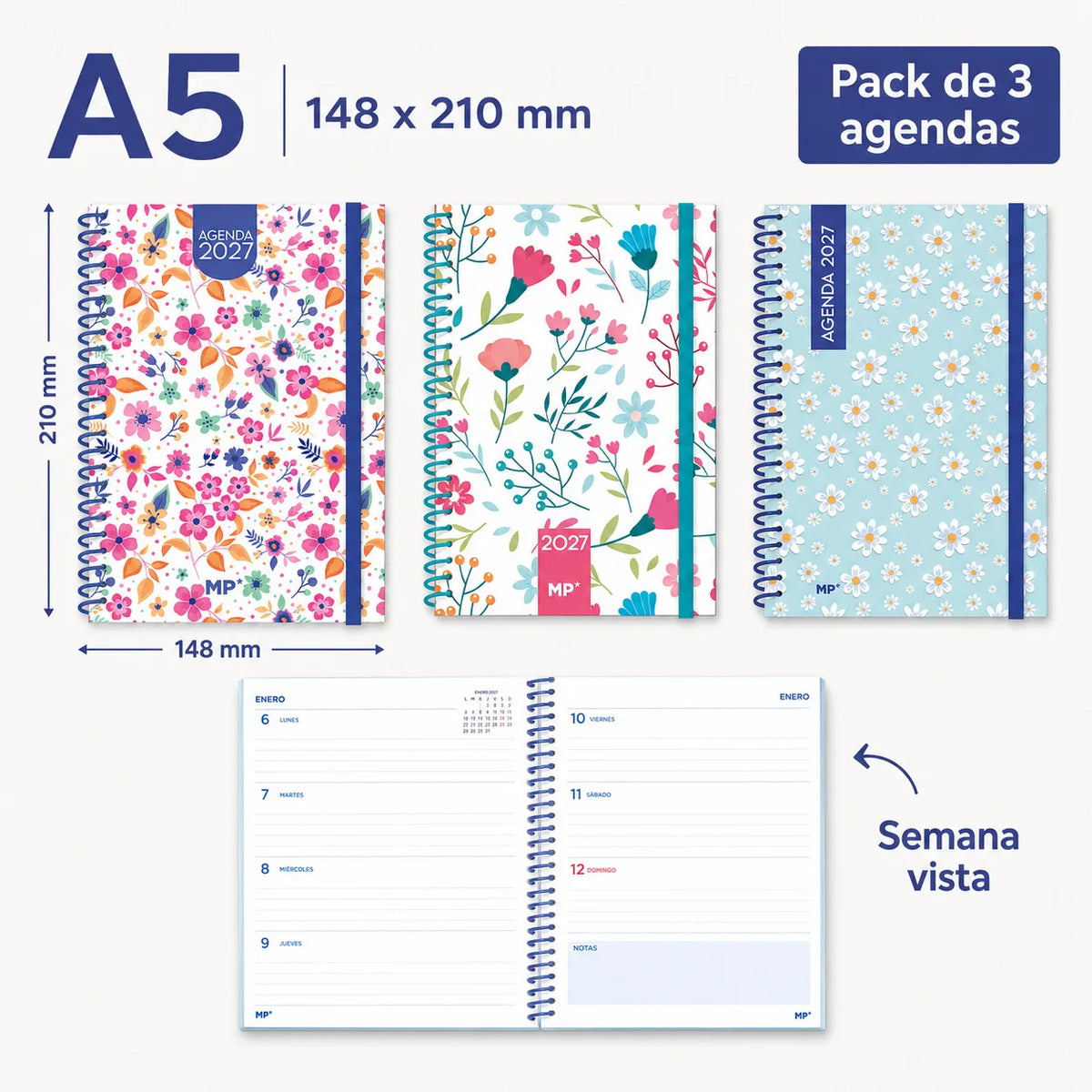 Pack de 3 Agendas 2027 – Diseños florales o frases motivadoras | A5, A6 y 12 × 17 cm