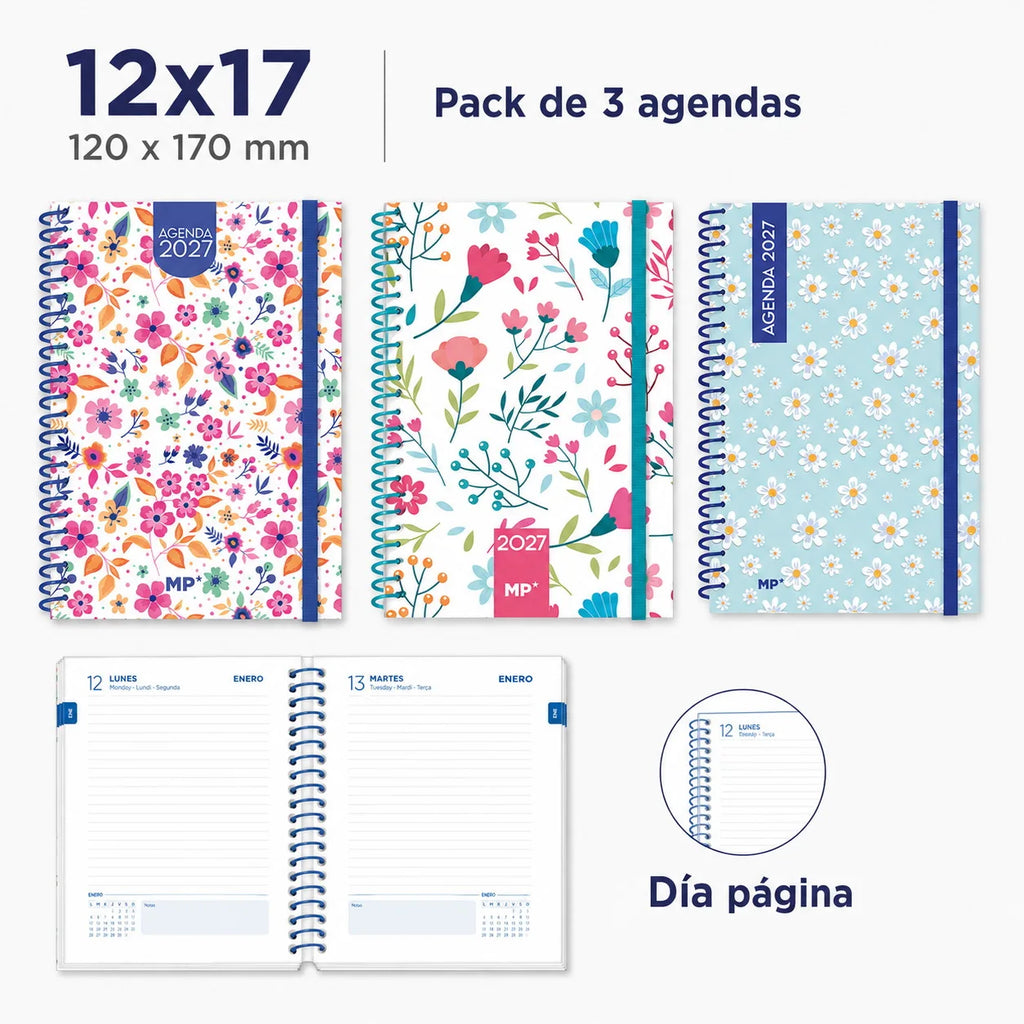 Pack de 3 Agendas 2027 – Diseños florales o frases motivadoras | A5, A6 y 12 × 17 cm