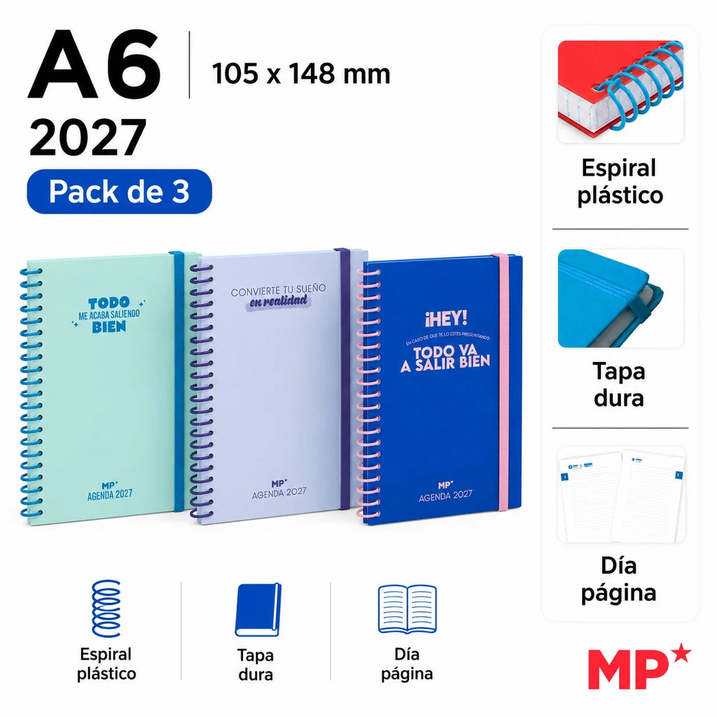Pack de 3 Agendas 2027 – Diseños florales o frases motivadoras | A5, A6 y 12 × 17 cm