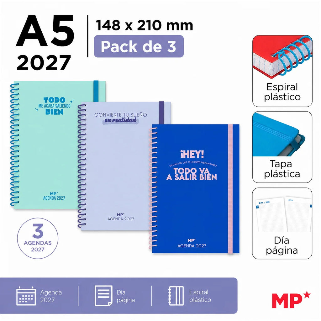 Pack de 3 Agendas 2027 – Diseños florales o frases motivadoras | A5, A6 y 12 × 17 cm