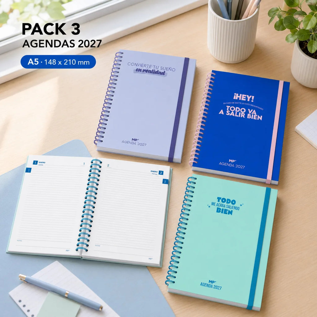 Pack de 3 Agendas 2027 – Diseños florales o frases motivadoras | A5, A6 y 12 × 17 cm