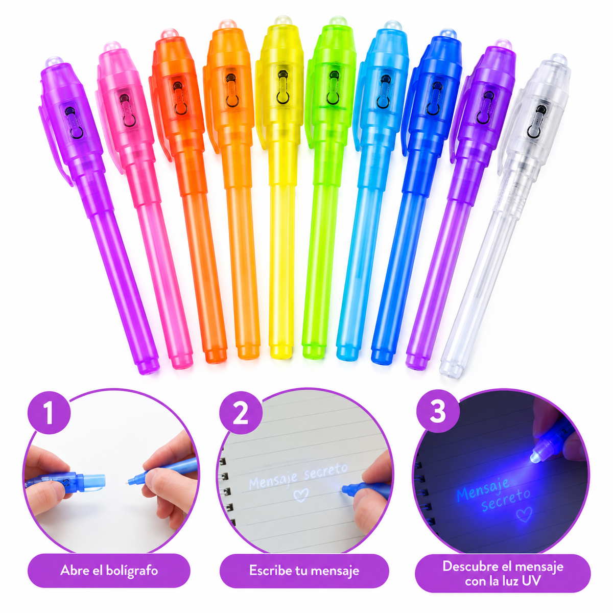 Pack de 10 bolígrafos de tinta invisible con luz UV – Mensajes secretos y actividades para el aula