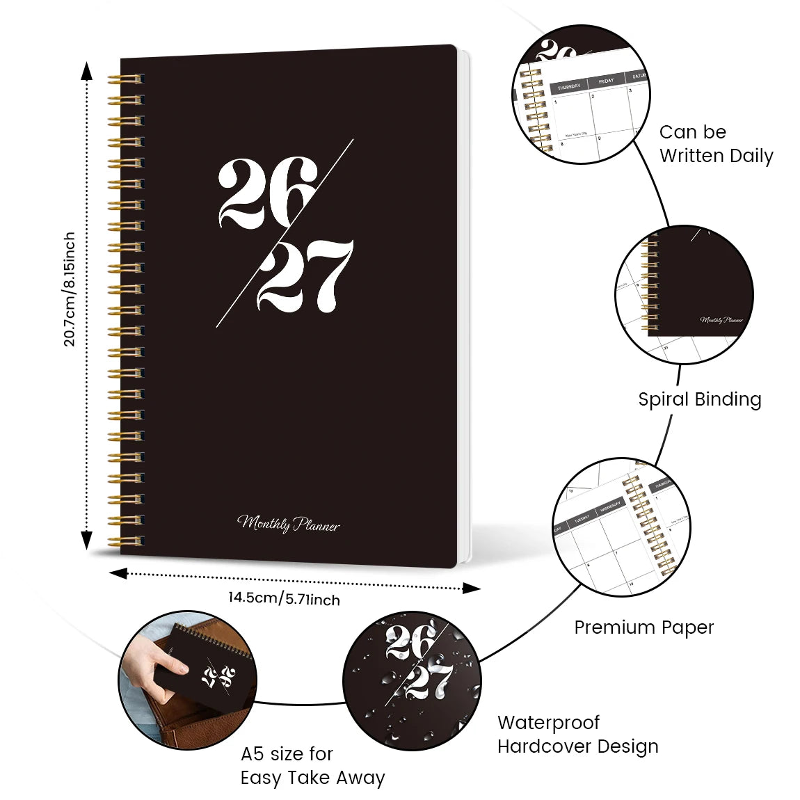 Agenda mensual A5 2026–2027 – Planificador de 24 meses con espiral